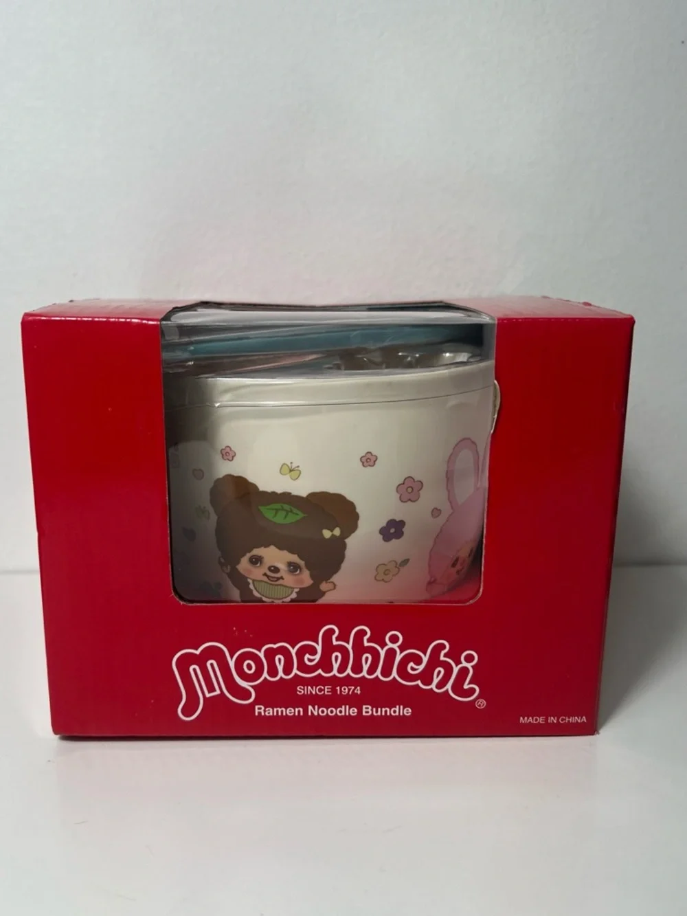Monchhichi Ceramic Ramen Noodle Bowl 4PC Set W/ Chopsticks Soup Spoon & Holder